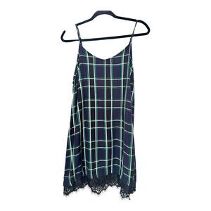 VTG 90's Y2K Arizona Jean Co. Plaid Slip Dress L Grunge Rayon Mini Lace Hem